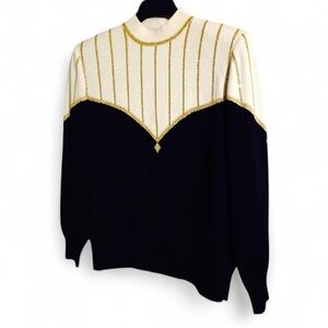 ST. JOHN Evening 90’s Black & Cream w/Gold Bead Striped Mock Pullover Sweater 10